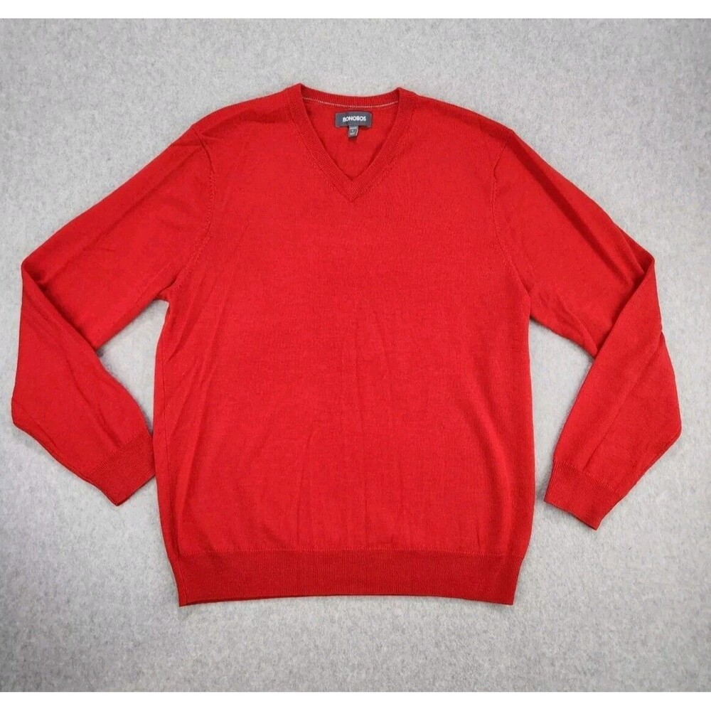 Bonobos Sweater Mens Large Red Extra‎ Fine Thin Merino Wool V-neck Long Sleeve
